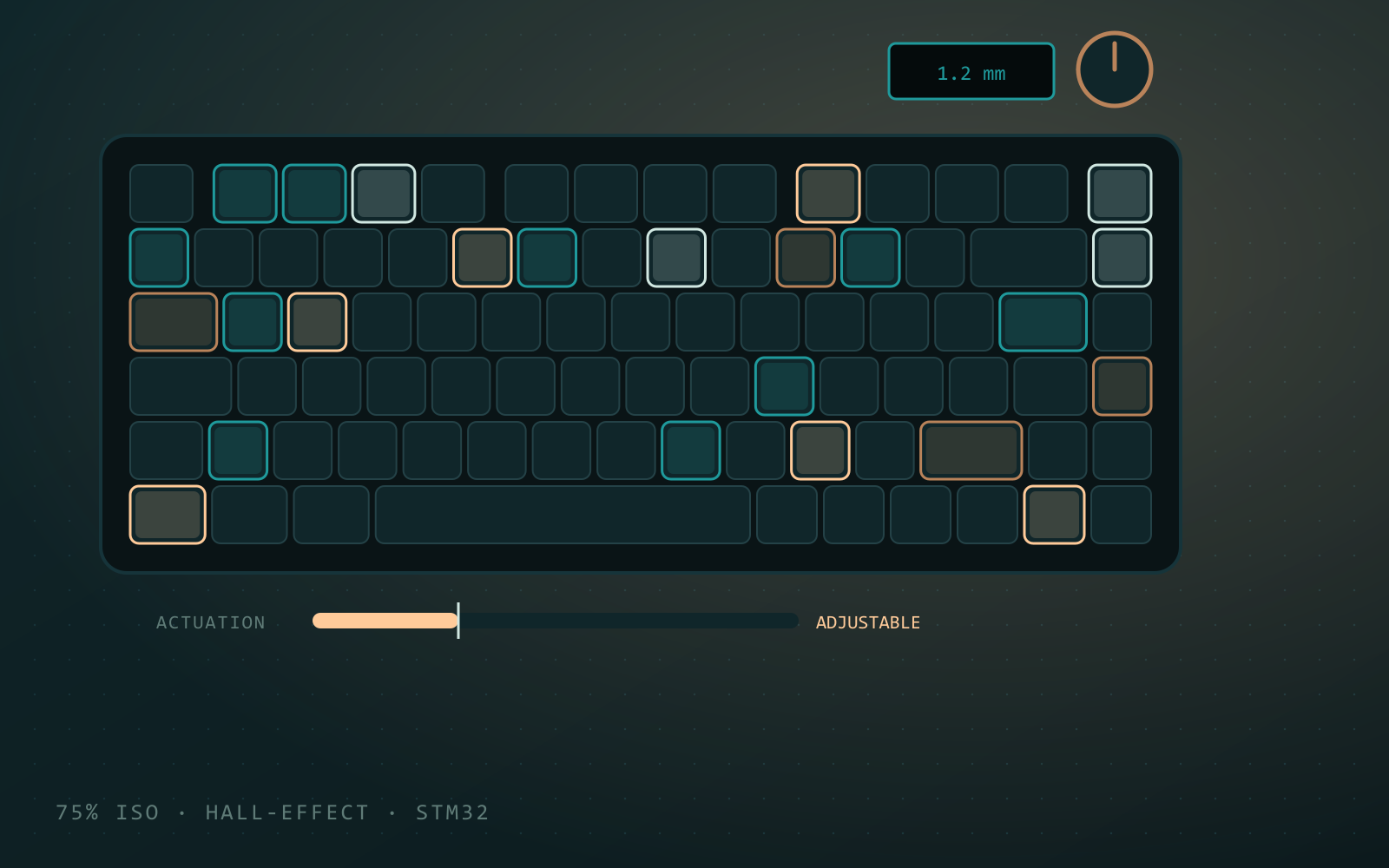 A 75% keyboard layout with RGB-lit keys, a rotary encoder, an OLED readout and an adjustable actuation gauge